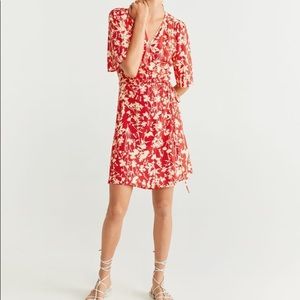 Tropical print wrap dress in red and white with tie waist bold graphic design